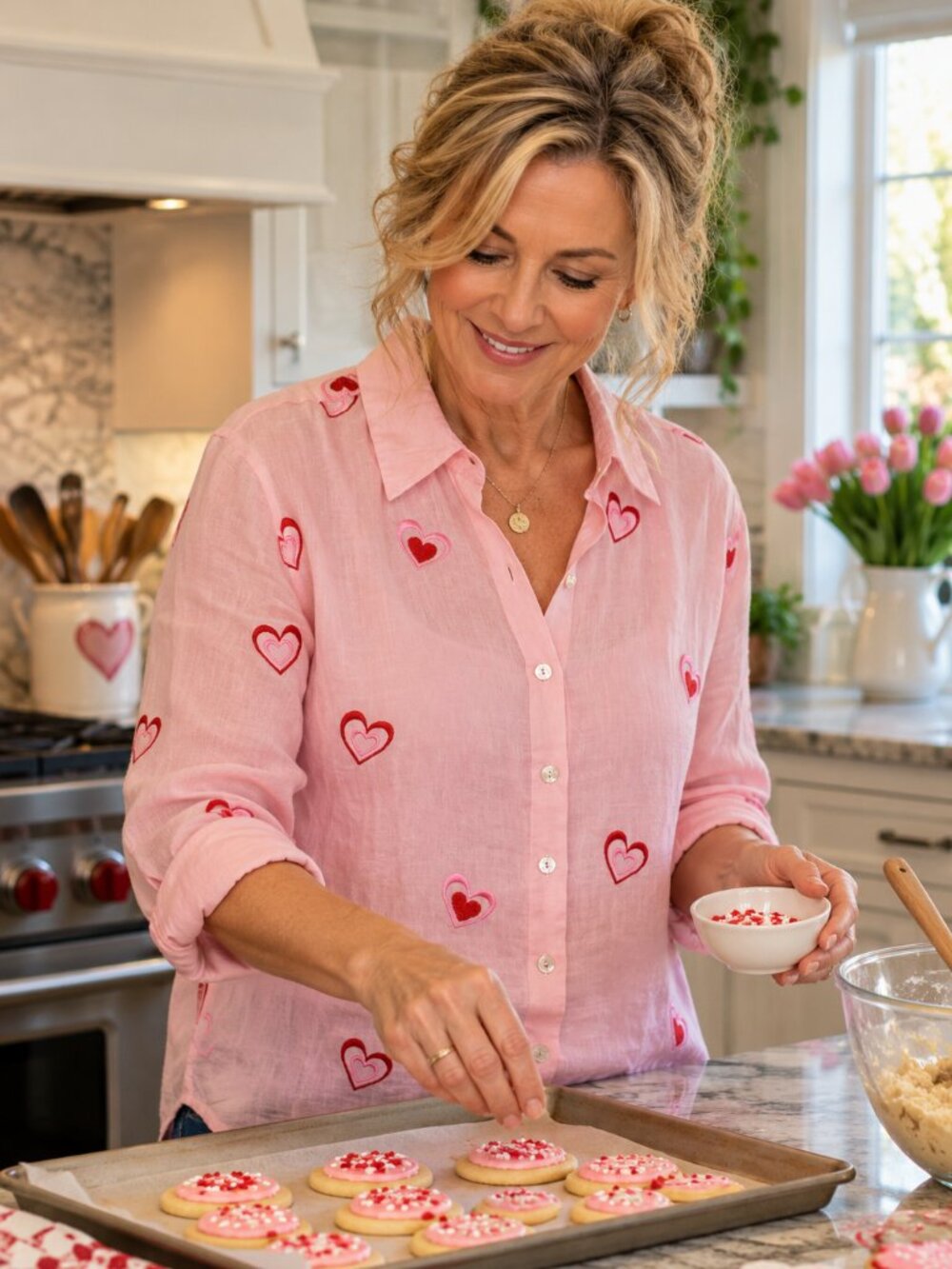 Casey Coleman Pink w Embroidered Hearts Button Up Shirt - L - LIKE NEW